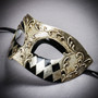 Silver Black Harlequin Venetian Half Mask & Lace Feather Masquerade Couple Mask Set