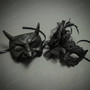 Gothic Horned Devil Beast and Elegant Lace Feather Flower Couples Masquerade Masks - Black