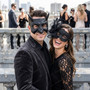 Gothic Horned Devil Beast and Elegant Lace Feather Flower Couples Masquerade Masks - Black
