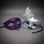 Venetian Elegant Glitter Floral Feather Women Masquerade Eyes Mask - Purple Silver