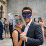 Venetian Scroll and Lace Flower Feather Couple Masquerade Mask - Blue Silver