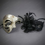 Venetian Phantom Harlequin And Lace Flower Women Men Masquerade Masks - Silver Black