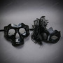 Gothic Skull And Elegant Feathered Tulle Women Men Masquerade Costume Mask - Black
