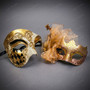 Venetian Harlequin Gold Crackle Feather Accented Men Women Couples Masquerade Mask - Gold Black
