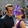 Rustic Bronze Horned Devil Purple Feathered Lace Couples Masquerade Masks - Bronze Purple