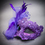 Copper Horned Demon Mask & Purple Lace Feather Masquerade Couple Mask Set