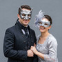Horned Devil and Silver Glitter Flower Venetian Masquerade Couple Mask - Silver Black