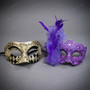 Venetian Harlequin and Purple Feather Flower Lace Couple Masquerade Masks - Gold Black Purple