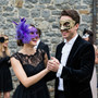 Venetian Harlequin and Purple Feather Flower Lace Couple Masquerade Masks - Gold Black Purple
