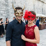 Vintage Horned Devil Elegant Lace Feather Men Women Masquerade Ball Mask - Gold Red