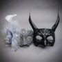 Horned Devil And Silver Lace Feather Pearl Couples Masquerade Masks - Black Silver