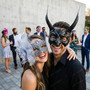 Horned Devil And Silver Lace Feather Pearl Couples Masquerade Masks - Black Silver