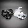 Gothic Barbed Wire Skull and Elegant Feather Mesh Couples Masquerade Mask - Black White