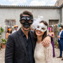 Gothic Barbed Wire Skull and Elegant Feather Mesh Couples Masquerade Mask - Black White