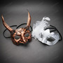 Mythical Horned Devil and Elegant Feather Lace Couples Masquerade Mask - Copper White