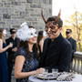 Mythical Horned Devil and Elegant Feather Lace Couples Masquerade Mask - Copper White