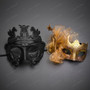 Roman Greek Pegasus and Gold Glitter Ribbon Feather Couple Masquerade Masks - Black Gold