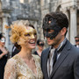 Roman Greek Pegasus and Gold Glitter Ribbon Feather Couple Masquerade Masks - Black Gold