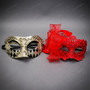 Venetian Harlequin and Red Lace Feather Couples Masquerade Eye Mask - Gold Black Red