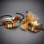 Venetian Harlequin Jester Gold Glitter Floral Men Women Masquerade Mask - Red Gold Black