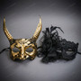 Mythical Horned Beast And Elegant Black Lace Floral Women Masquerade Mask - Gold Black
