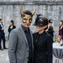 Mythical Horned Beast And Elegant Black Lace Floral Women Masquerade Mask - Gold Black