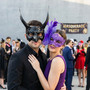 Demon Horned And Purple Feathered Lace Couples Venetian Masquerade Mask - Black Purple