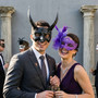 Demon Horned And Purple Feathered Lace Couples Venetian Masquerade Mask - Black Purple