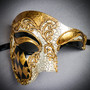 Gold Harlequin Phantom of the Opera & Silver Floral Tulle Feather Masquerade Couple Mask Set