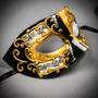 Gold Black Venetian Mask & Silver Lace Feather Masquerade Couple Mask Set