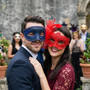 Elegant Lace Feather and Glitter Swirl Couples Masquerade Masks - Navy Blue and Red