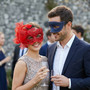 Elegant Lace Feather and Glitter Swirl Couples Masquerade Masks - Navy Blue and Red
