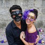 Gothic Skull and Purple Feather Venetian Couples Masquerade Mask - Black Purple Gold