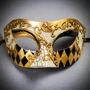 Gold Black Harlequin Venetian Half Mask & Purple Tulle Glitter Masquerade Couple Mask Set