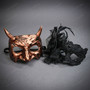 Bronze Devil Horns and Black Lace Feather Couples Masquerade Mask - Bronze Black