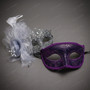 Venetian Glitter Lace Feather Couples Women Men Masquerade Mask - Purple Silver