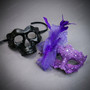 Elegant Feather Lace Women and Matte Skull Men Venetian Masquerade Mask - Purple Black