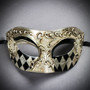 Silver Black Harlequin Venetian Half Mask & Black Lace Feather Masquerade Couple Mask Set