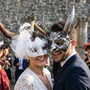 Horned Demon and Elegant White Lace Feather Couples Masquerade Mask - Silver White