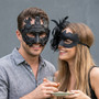 Matte Roman Greek Emperor And Glitter Feather Lace Women Masquerade Mask - Black
