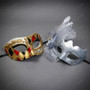 Venetian Harlequin Music Musical Note Silver Feather Women Masquerade Mask - Red Gold Silver