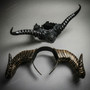 Mythical Gothic Horned Floral Skull Men Women Masquerade Headpiece Mask - Black Gold