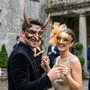 Horned Beast Demon And Elegant Mesh Feather Women Men Masquerade Mask - Bronze Gold