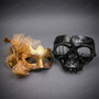 Elegant Gold Feather Lace Women and Skull Barbed Wire Men Masquerade Mask - Gold Black