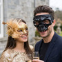 Elegant Gold Feather Lace Women and Skull Barbed Wire Men Masquerade Mask - Gold Black