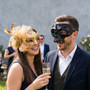 Elegant Gold Feather Lace Women and Skull Barbed Wire Men Masquerade Mask - Gold Black
