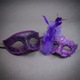 Venetian Glitter Scrollwork and Feather Lace Women Men Masquerade Eye Mask - Purple