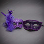 Venetian Glitter Scrollwork and Feather Lace Women Men Masquerade Eye Mask - Purple