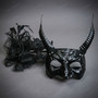 Gothic Horned Demon and Elegant Lace Floral Feather Couples Masquerade Masks - Black