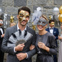 Venetian Harlequin Gold and Silver Floral Feather Couple Masquerade Masks - Gold Silver